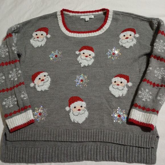 Christmas Sweater Women's L 3D Santas Sequins Faux Fur High-Low Oversized Tunic - Picture 3 of 12